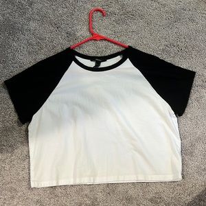 Black and white t shirt slightly cropped but not too much